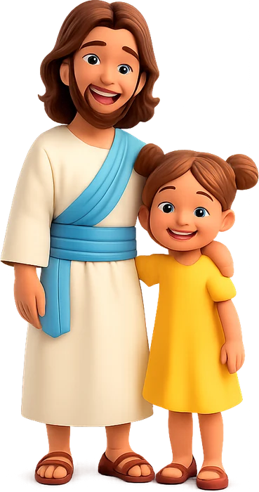 Jesus smiling with his little friend, a girl in a yellow dress